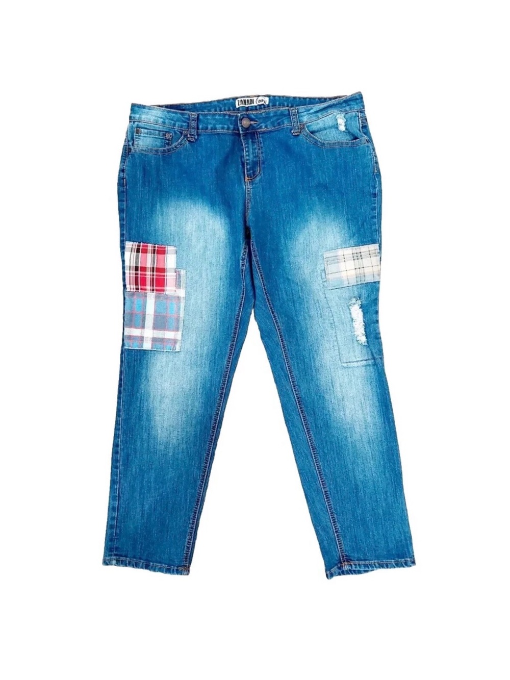 Zanadi Blue Distressed Boyfriend Jeans with Plaid Patches Sz.20W